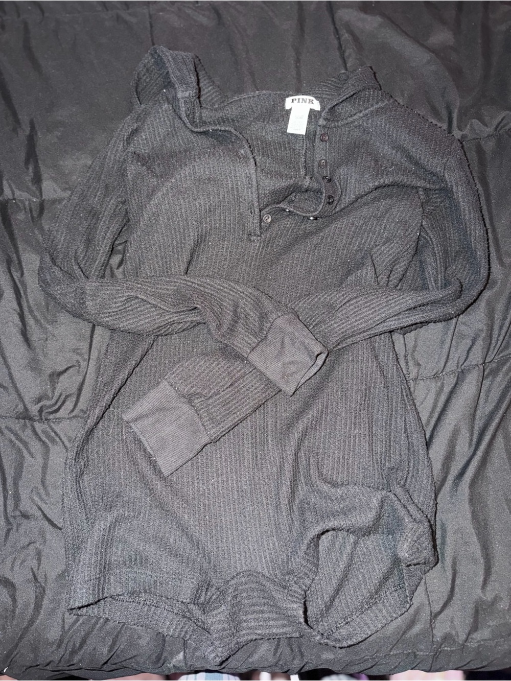 PINK Waffle Knit Long Sleeve Short Onesie - Black - Small